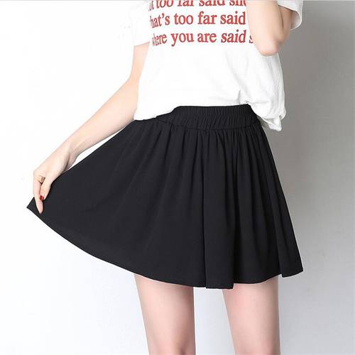Women New Fashion Black Chiffon Loose Pleated Wide Leg Shorts Elastic High Waist Culottes Female Shorts Skirts