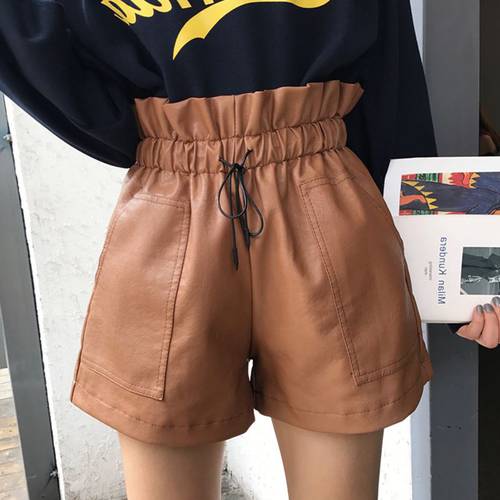 2021 Spring New Arrival Korean Style Leather Shorts High Waisted Loose Wide Leg Shorts Women Elastic Waist Shorts Free Shipping