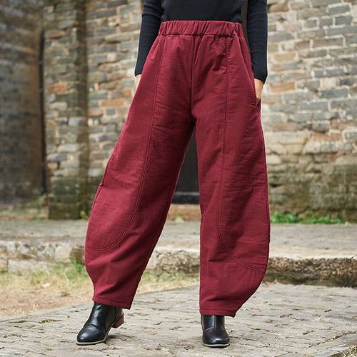 Women Winter Padded Knickerbockers Pants Ladies Solid Color Loose Elastic Waist Pants Vintage Female Retro Padded Trousers 2018