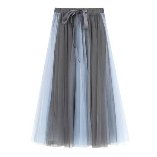 Spring Contrast Color Mesh Patchwork Maxi Long Skirts High Waist Bowknot A-line Tulle Women Skirts Elegant White skirt