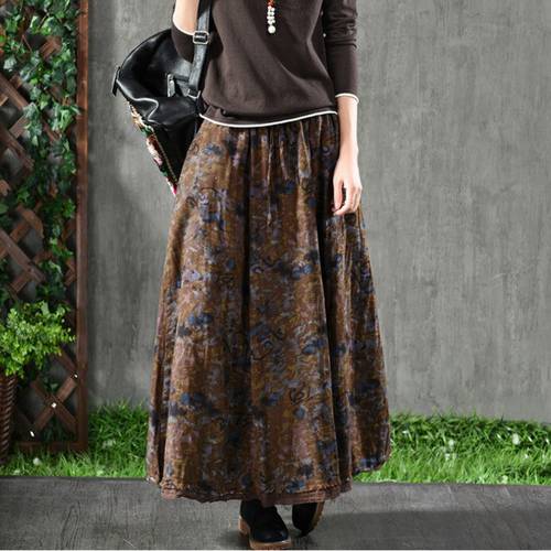 2022 Spring Autumn Skirt Retro Women Loose Baoken flower Casual Skirt Elastic Waist pocket Female Blended Print Nationtl Skirt