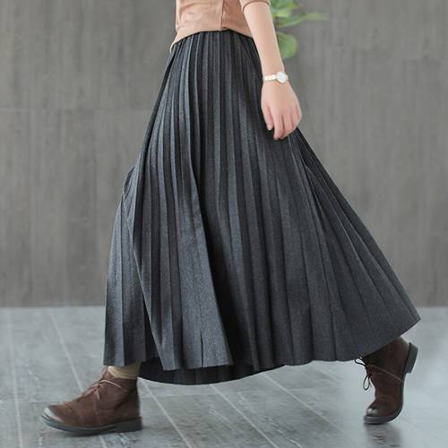TIYIHAILEY Free Shipping Fashion Casual Winter And Autumn Vintage Wool Long Maxi Pleated Skirts Elastic Waist Brown Black Skirts