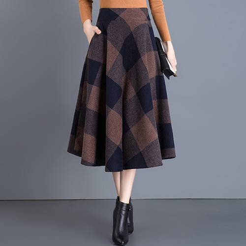 Vintage Plaid Skirt Women Autumn Winter England Style High Waist Woolen Skirt Midi Length Elegant Oversize Ladies a line skirts