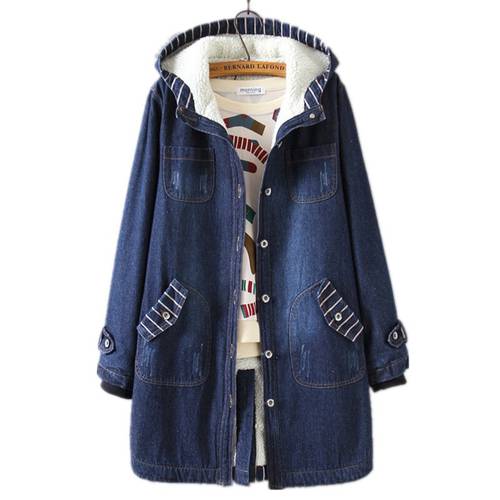 Denim coat for women Warm Winter women&39s coats of large size trench coat Hooded Korean fashion clothing Add wool B3895