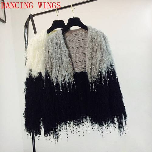 Spring Women Knitted Sweater Cardigan Fashion Fringe Gradient Color Sweaters Loose Knitwear For Female