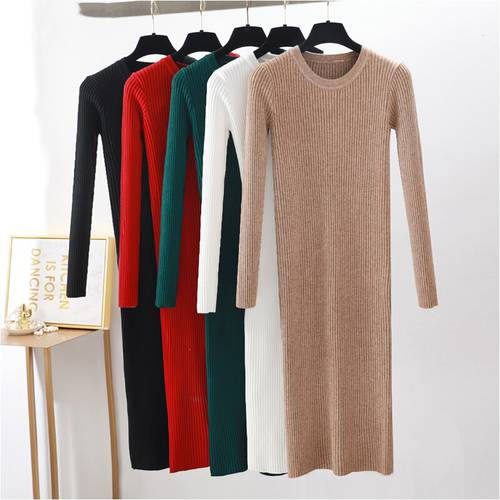 2019 autumn winter basic long sweater Dress Women o-neck slim thick sweater robe Dress female solid basic knit bodycon dress