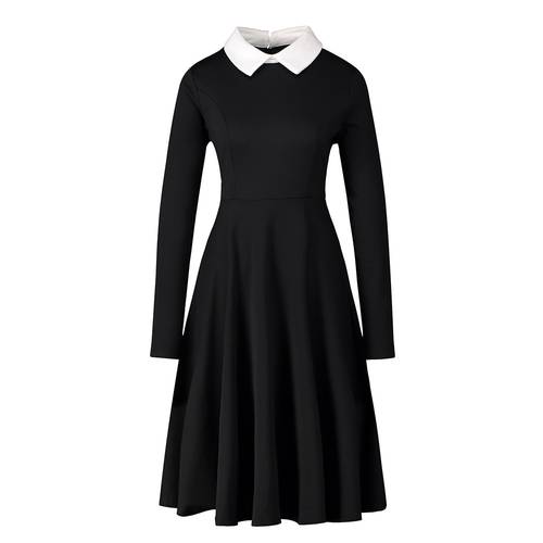 Autumn New Women&39S Dress Elegant A-Line Dresses Women Peter Pan Collar Long Sleeve Black Vintage Dress