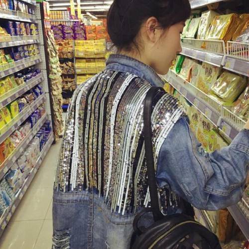 fashion New fashion Brand bling bling Sequins Denim Jacket Outerwear women&39s Oversize Loose Jeans Coat great quality wj126