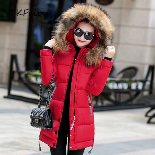 Womens Long Jackets 2018 Autumn Winter Warm Coats Cotton Parka Thickend Slim Style Yellow Red Armygreen Female Hair Hooded Coats