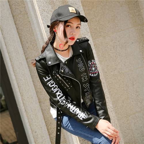 2019 Autumn Fashion Punk Style PU Leather Jacket Women Letters Pattern Slim Long Sleeve Spring Black Motorcycle Graffiti Jacket