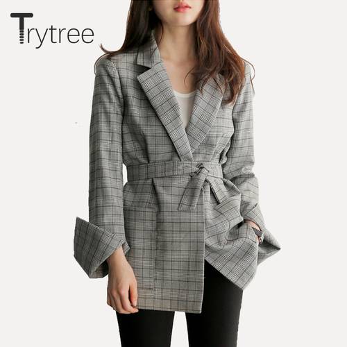 Trytree New Autumn Women Jackets Gray Plaid Office Lady 2018 Fashion Bow Sashes Split Sleeve Jackets Elegant Work Coats