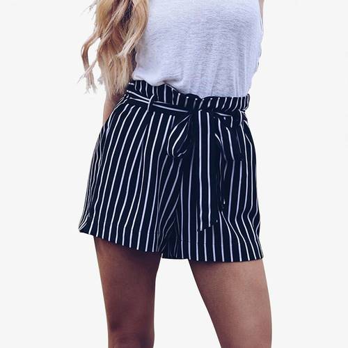 2018 Casual Women Shorts Vertical Striped Sashes Bow High Waist Summer Shorts Female Loose Belt Frills Trousers Plus Size