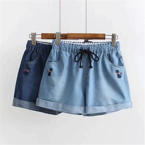 Japanese Soft Sister Rolled Kawaii Women Denim Shorts Summer Cat Embroidery Elastic Drawstring Waist Cuffs Casual Jean Shorts