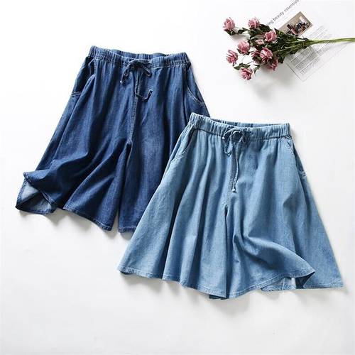 Hot Summer 2022 Fashion Women&39 Shorts Skirts Casual Solid Color Pleated Trousers Elastic High Waist Denim Shorts