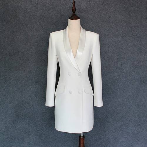 Spring Autumn Women White Formal Blazer Long Jacket Satin Shawl Collar Double Breasted Office Ladies Work Blazer Slim Fit Coat