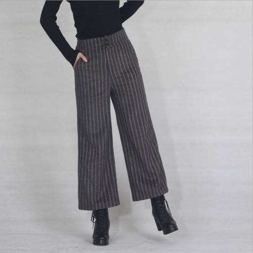 2021 Autumn Winter Women Pants Thick Striped Woolen Wide Leg Pants Capris High Waist Slim Casual Pants Women LY174