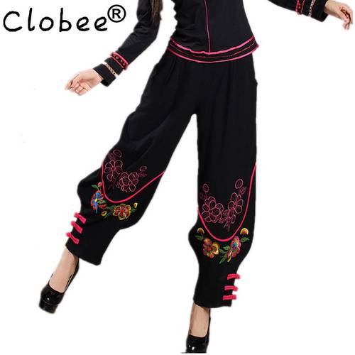 Women Chinese Traditional Embroidery Harem Pants 2022 Black Wide Leg Bloomers Elastic Waist Linen Pants Casual Autumn Trousers
