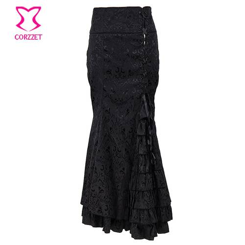 Black Floral Brocade Vintage Skirt Plus Size High Waist Steampunk Skirt Long Mermaid Lace-Up Ruffle Maxi Gothic Skirts for Women