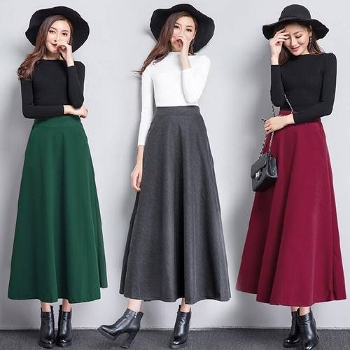 TingYiLi Warm Woolen Winter Skirt Autumn Vintage High Waist Women Skirt Korean Red Gray Red Khaki Green Black Long Skirts