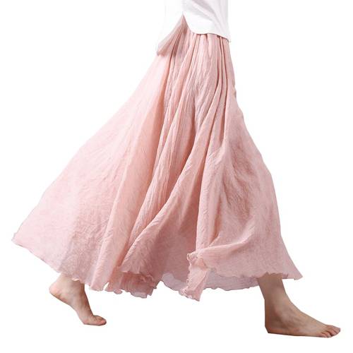 2022 Summer Women Skirt Linen Cotton Vintage Long Skirts Elastic Waist Boho Beige Pink Maxi Skirts Faldas Saia
