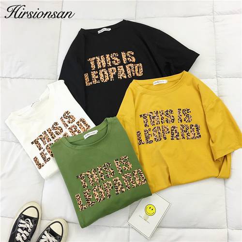 Hirsionsan Leopard T Shirt Women 2019 Summer Loose O-Neck Short Sleeve Letters Printed Tops Harajuku Chic Cotton Woman Tshirts