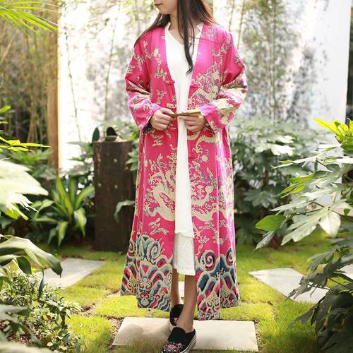 LZJN Spring Long Trench Coat Cotton Linen Chinese Dragon Loong Windbreaker Women Duster Coat Outerwear Cortavientos Coupe Vent