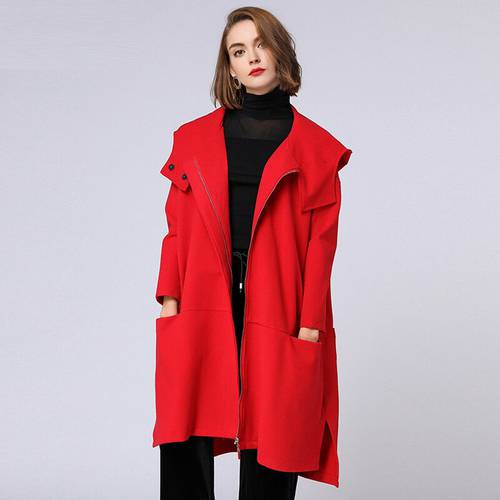 Women&39s Loose Fashion Big Pocket Thicken Hooded Coats Casual Zipper Long Sleeve Elegant Coat Autumn Winter New Red Trench Coat