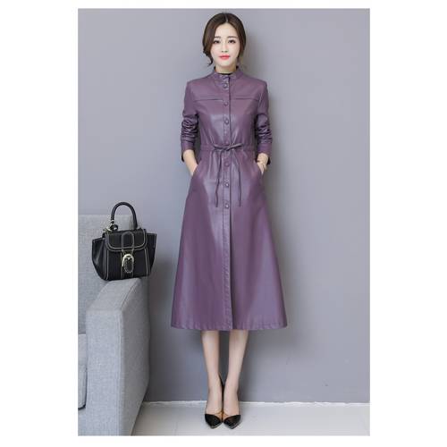 Excellent Quality PU Leather Long Design Trench Coat For Lady 2019 Autumn Slim Plus Size Women Clothing Breasted Coats Outwear