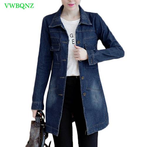 Autumn Winter Korean Denim Jacket 5XL Women Slim Long Base Coat Women&39s Frayed Navy Blue Casual Female Jeans Jackets Coats Cool