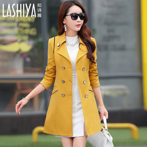 New Korean large size women long section of elegant simplicity Slim coat jacket was thin double-breasted coat
