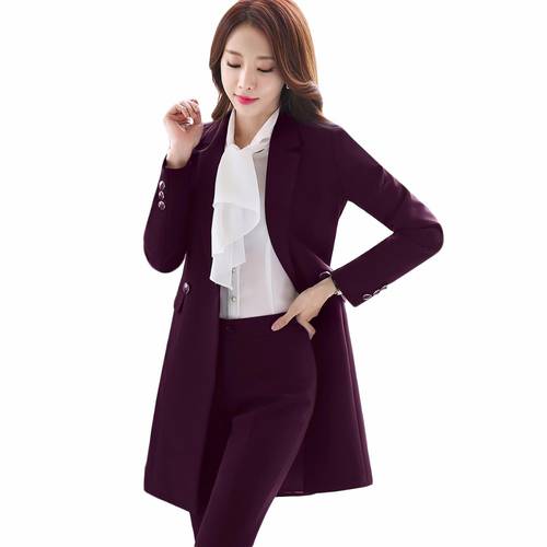 2019 New Winter Women Long Blazer Elegant Long Sleeve Formal For Office Lady Black Blue Red
