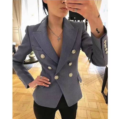 2019 New Fashion Light Blue Blazers Women Double-breasted Silver Metal Lion Head Button Thick Work Office Lady Blazer Coats