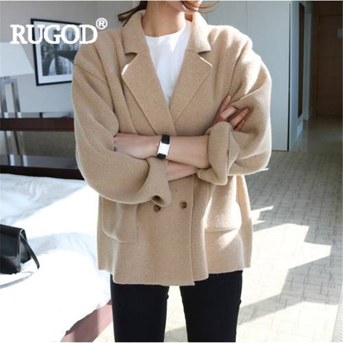 RUGOD Women Solid Thin Long Sleeve Casual Double Breasted Pockets Sweater 2021 Latest Version Turn-down Collar Female Sweater