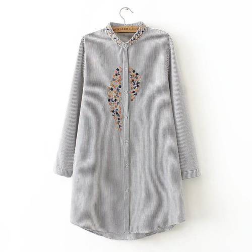 Women Elegant Plus Size Top Embroidery Long Shirts Striped Full Cotton Long Sleeve Loose Blouse Stand Collar Casual Blusas Femm