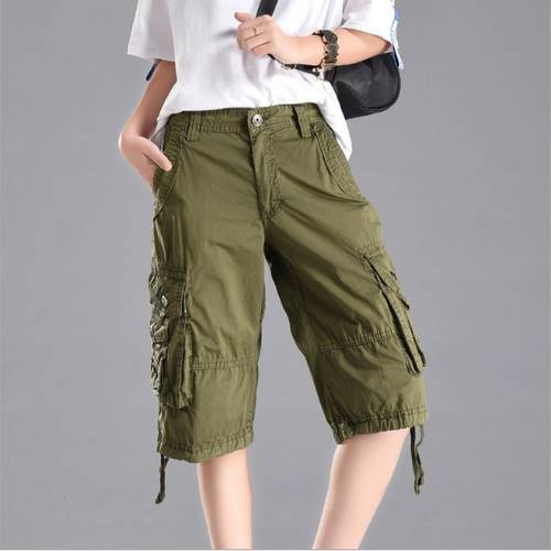 Streetwear Women Casual Cargo Shorts Loose Fit Knee Length Shorts Overall 2021 Summer Womens Cotton Short Pants Multi Pocket