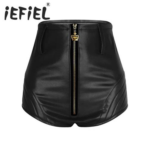 Fashion Women Wet Look Front Zipper High Waisted Booty Shorts Bottoms with Belt Tight Shorts for Nightclub Costume Party Clothes