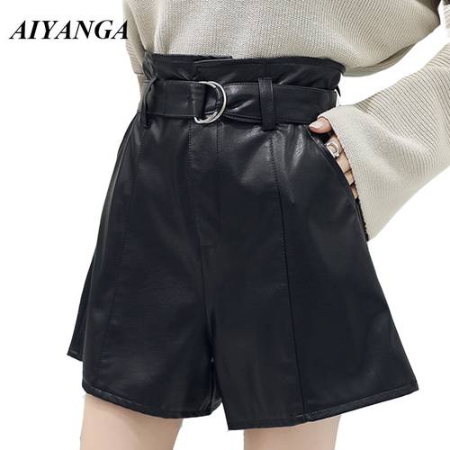 AIYANGA Women PU Shorts 2021 Autumn Winter Leather Shorts High Waist Wide Leg Slim Sashes Solid Black Casual Shorts Female