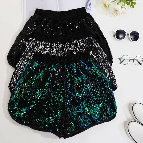 Sequined Shorts Women Spring Summer Korean Style Gold Silver Sequins Shorts Female Students Elastic Waist Loose Short Trousers
