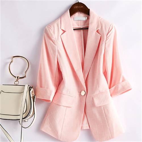 Women &39s Suit cotton and linen blazer female summer casual slim five-point sleeve thin linen plaid suit Office Work Coat