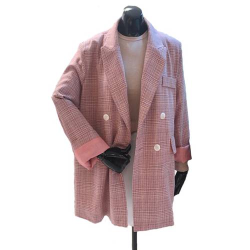spring new fashion long paragraph wild loose thin plaid small suit pink suit jacket female plaid blazer