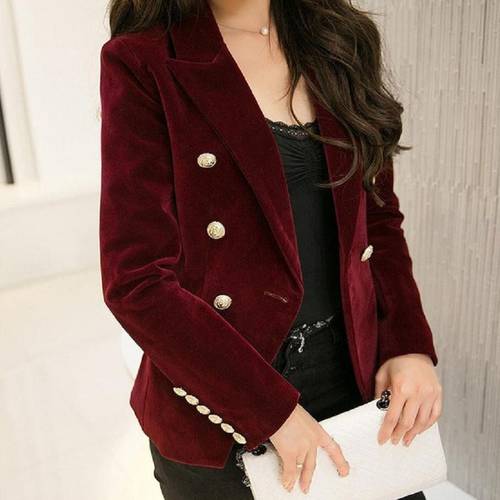 M-2XL fashion 2020 autumn female Korean Slim was thin velvet leisure suit solid color double-breasted jacket w1085
