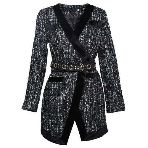 Autumn and winter new small fragrance V-neck long-sleeved tweed wool high-waist split blazer with belt