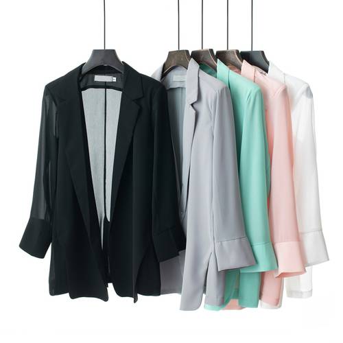 New Formal Solid Chiffon Blazer Women Office Wear Notched Blazer Summer Open Front Slim Thin Outerwears Casaco Female Tops Mw334