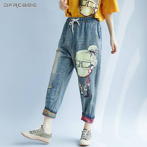 Elastic Waist Print Cartoon Boyfriend Jeans For Women Spring Autumn Fashion Streetwear Capris Denim Harem Pants Jean Femme