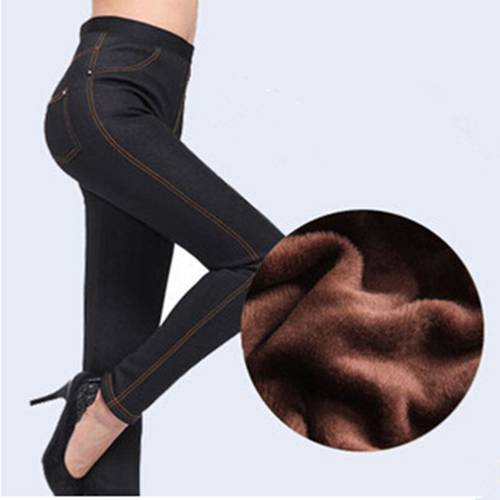 2022 Winter Faux Jeans Pants For Women Black Solid High Waist Pencil Pants Warm Thickening Fleeces Stretch Leggings LG-171