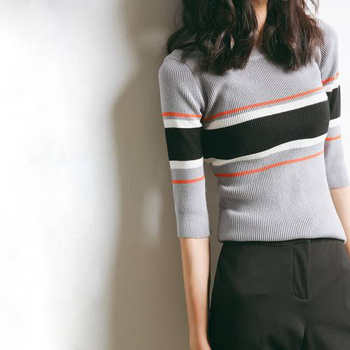 Half Sleeve Ribbed Sweater Women Color Block Knitted Tops Pullover Spring Summer