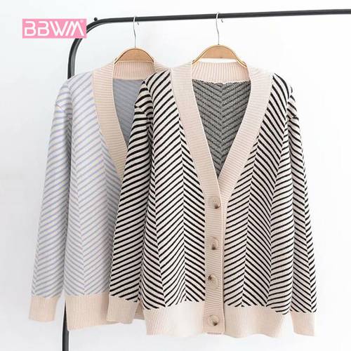 2020 Autumn Women&39s New Sweater Korean Version of The Loose Striped Sweater Cardigan Long-sleeved V-neck Versatile Jacket