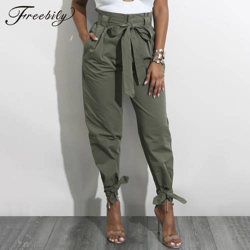 Casual High Waist Ankle Length Pants 2018 Hot Sale Women Elastic Tie waist Trousers With Pockets Trousers women Paper bag pants
