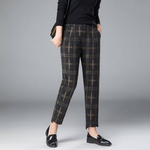 Womnes Cropped Pants For Autumn Winter High Waist British Pattern Thicken Warm Plaid Harem Pants Casual Feet Trousers Plus Size