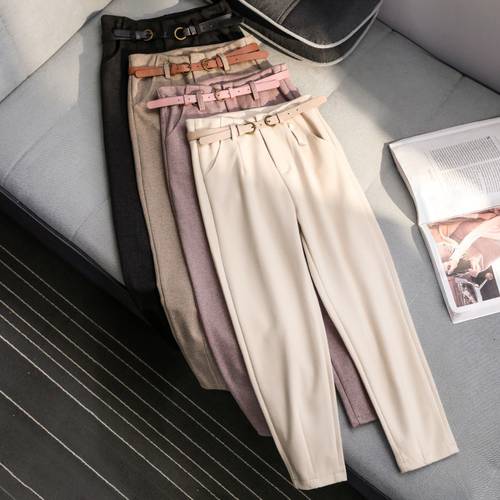 Korean Winter Wool Pants women New High Slim Waist Belted Harem Elegant Trousers Female Autumn Warm Women&39s Long Pants F201